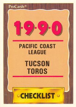 1990 ProCards #195 Tucson Toros Checklist Front