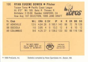 1990 ProCards #196 Ryan Bowen Back