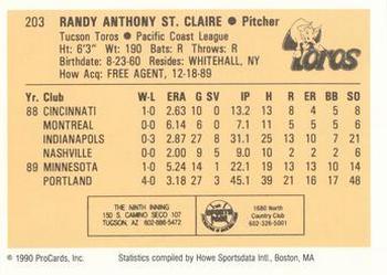 1990 ProCards #203 Randy St. Claire Back