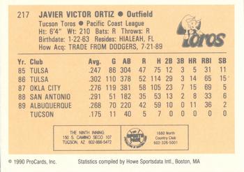 1990 ProCards #217 Javier Ortiz Back