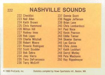 1990 ProCards #222 Nashville Sounds Checklist Back