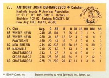 1990 ProCards #235 Tony DeFrancesco Back