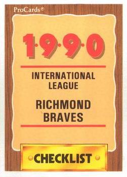 1990 ProCards #251 Richmond Braves Checklist Front