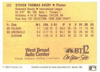 1990 ProCards #252 Steve Avery Back