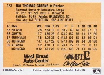 1990 ProCards #253 Tommy Greene Back