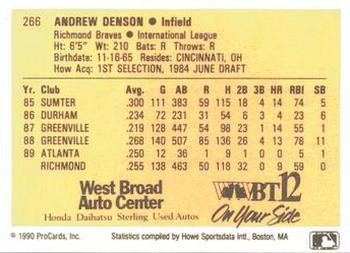 1990 ProCards #266 Drew Denson Back