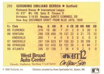 1990 ProCards #269 Geronimo Berroa Back