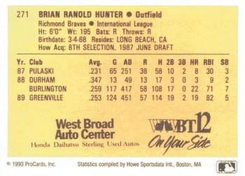 1990 ProCards #271 Brian Hunter Back
