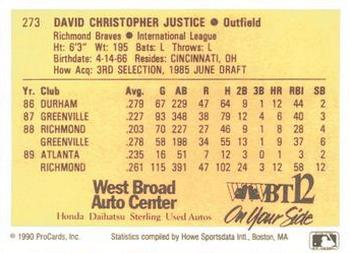 1990 ProCards #273 Dave Justice Back
