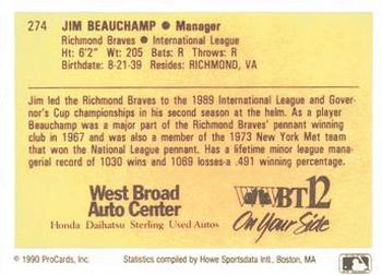 1990 ProCards #274 Jim Beauchamp Back