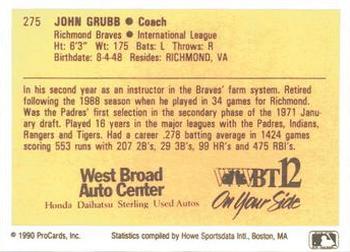 1990 ProCards #275 John Grubb Back