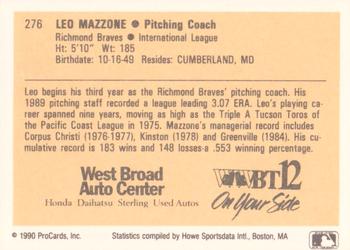 1990 ProCards #276 Leo Mazzone Back