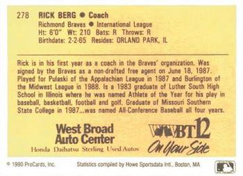 1990 ProCards #278 Rick Berg Back
