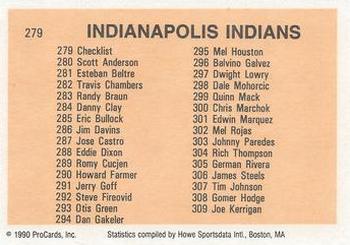 1990 ProCards #279 Indianapolis Indians Checklist Back