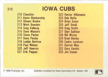 1990 ProCards #310 Iowa Cubs Checklist Back