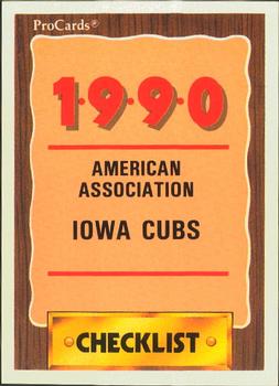 1990 ProCards #310 Iowa Cubs Checklist Front