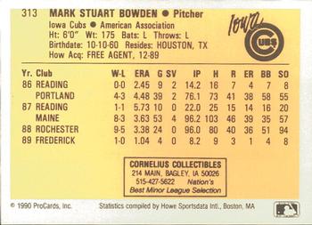 1990 ProCards #313 Mark Bowden Back