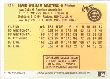 1990 ProCards #315 David Masters Back