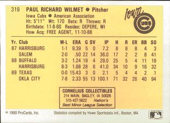 1990 ProCards #319 Paul Wilmet Back