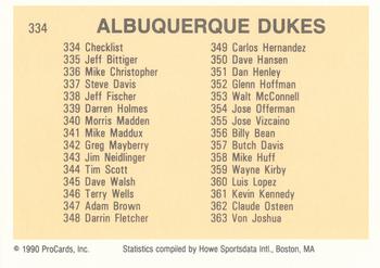 1990 ProCards #334 Albuquerque Dukes Checklist Back