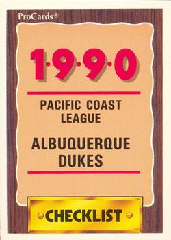 1990 ProCards #334 Albuquerque Dukes Checklist Front