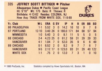 1990 ProCards #335 Jeff Bittiger Back