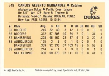 1990 ProCards #349 Carlos Hernandez Back