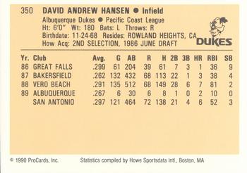 1990 ProCards #350 Dave Hansen Back
