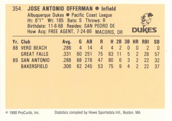1990 ProCards #354 Jose Offerman Back