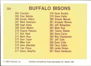 1990 ProCards #364 Buffalo Bisons Checklist Back