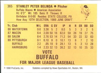 1990 ProCards #365 Stan Belinda Back