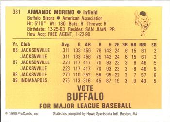1990 ProCards #381 Armando Moreno Back