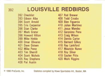 1990 ProCards #392 Louisville Redbirds Checklist Back