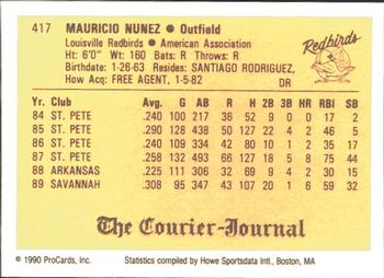 1990 ProCards #417 Mauricio Nunez Back