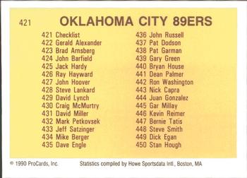 1990 ProCards #421 Oklahoma City 89ers Checklist Back