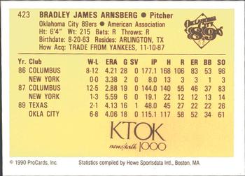 1990 ProCards #423 Brad Arnsberg Back