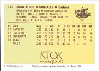 1990 ProCards #444 Juan Gonzalez Back