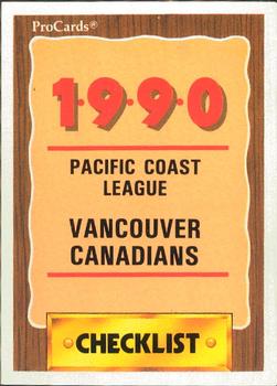 1990 ProCards #480 Vancouver Canadians Checklist Front