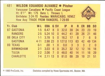 1990 ProCards #481 Wilson Alvarez Back