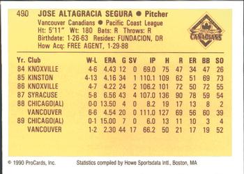 1990 ProCards #490 Jose Segura Back