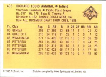 1990 ProCards #493 Rich Amaral Back