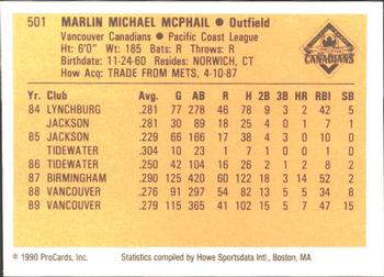 1990 ProCards #501 Marlin McPhail Back