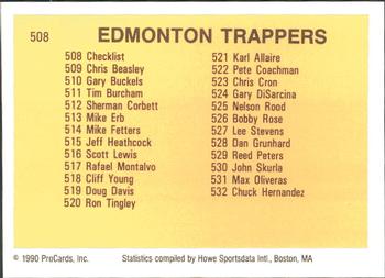 1990 ProCards #508 Edmonton Trappers Checklist Back