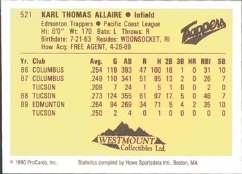1990 ProCards #521 Karl Allaire Back