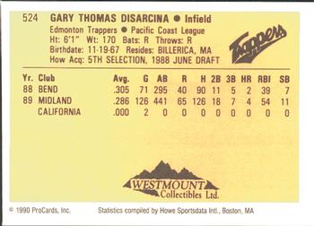 1990 ProCards #524 Gary DiSarcina Back
