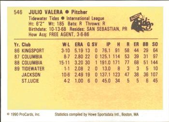 1990 ProCards #546 Julio Valera Back