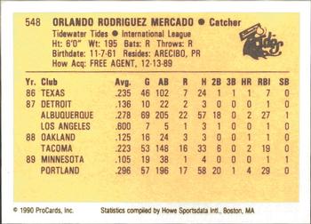 1990 ProCards #548 Orlando Mercado Back