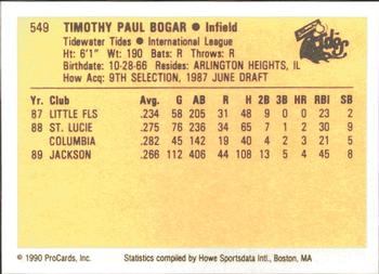 1990 ProCards #549 Tim Bogar Back