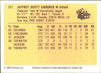 1990 ProCards #551 Jeff Gardner Back