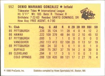 1990 ProCards #552 Denny Gonzalez Back